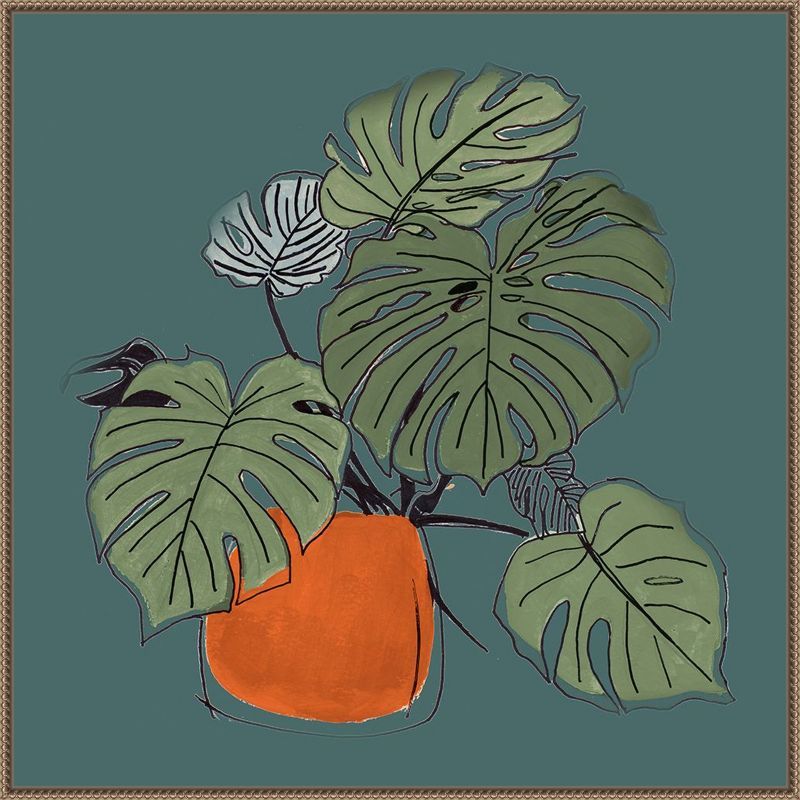 Teal and Orange Retro Potted Plant Canvas Art with Bronze Frame