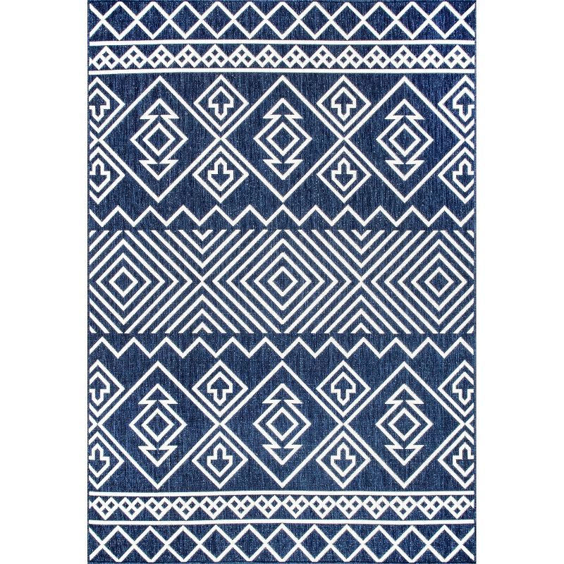 Blue and White Geometric Synthetic Indoor/Outdoor Rug