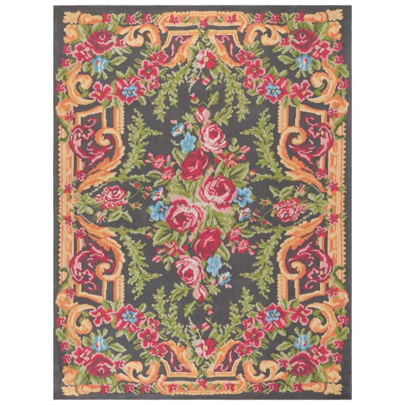 Grey and Rose Floral Cotton Synthetic 8' x 10' Area Rug