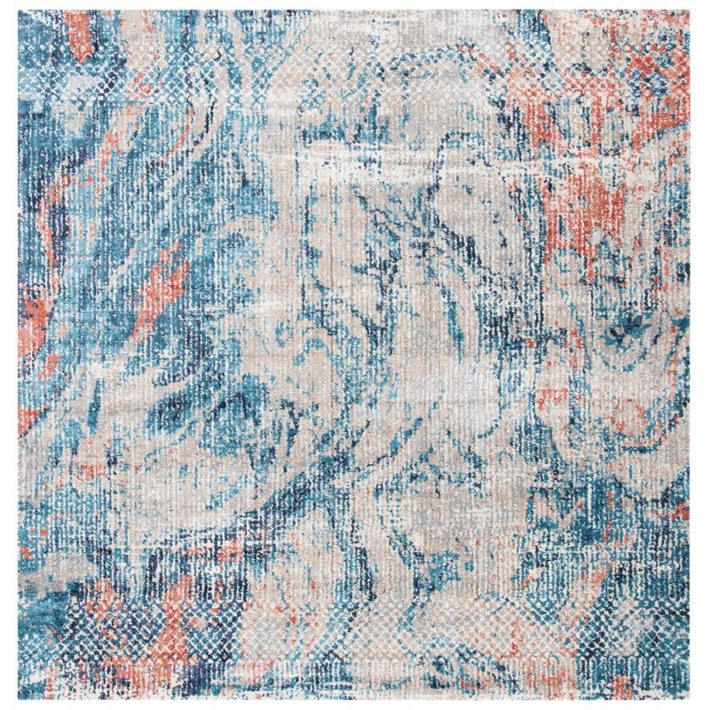 Modern Abstract Beige & Blue Square Synthetic Area Rug - 6'7" x 6'7"