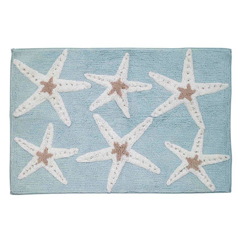 Aqua Blue Cotton Bath Rug with Starfish Design