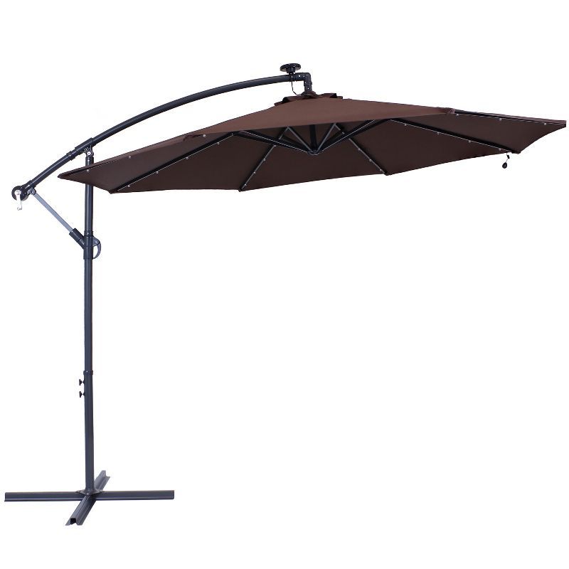 Brown Steel Cantilever Patio Umbrella with LED Lights, 9.5 ft