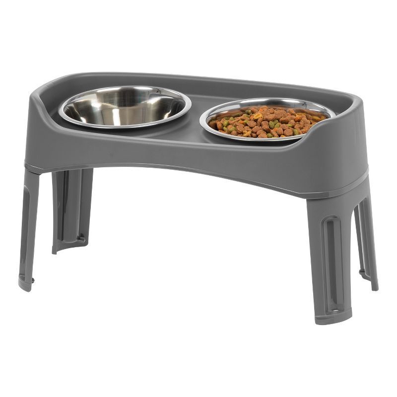 Gray Plastic Elevated Feeder with Stainless Steel Bowls