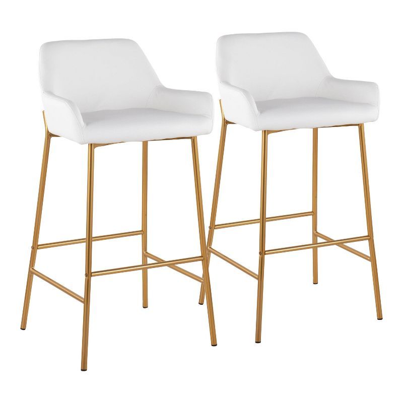 Contemporary Gold Metal and White Faux Leather Barstools, Set of 2