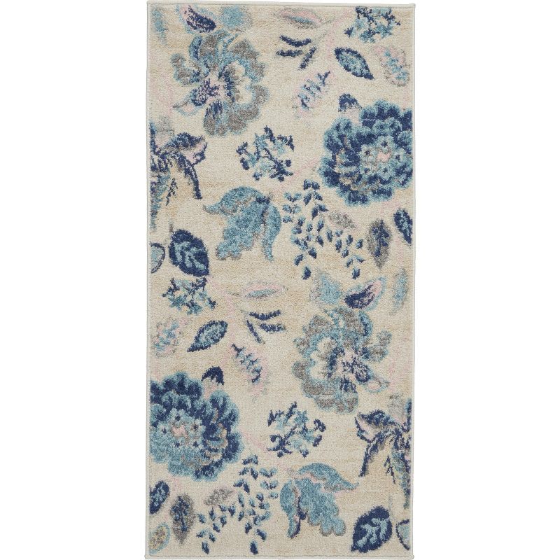 Elegant Ivory & Light Blue Floral Synthetic Area Rug 2' x 4'