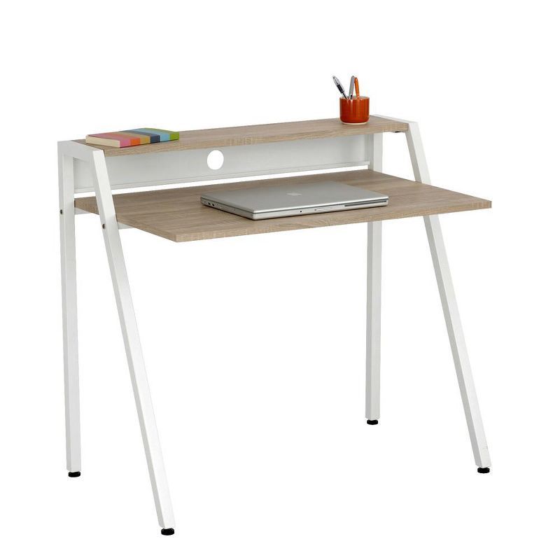 Beech and White Compact Writing Desk with Upper Shelf