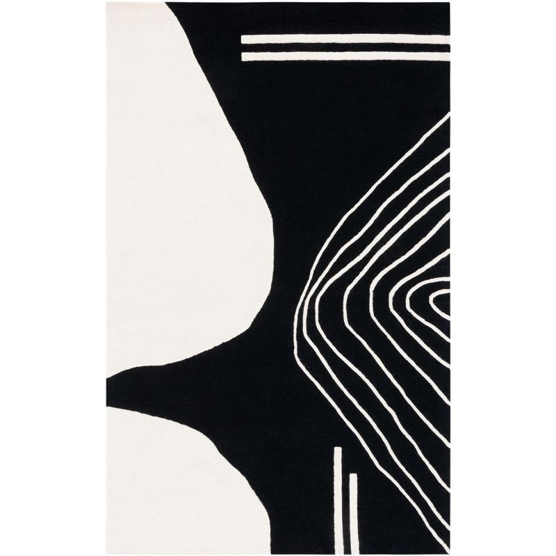 Ivory and Black Hand-Tufted Wool Abstract Rug, 3' x 5'