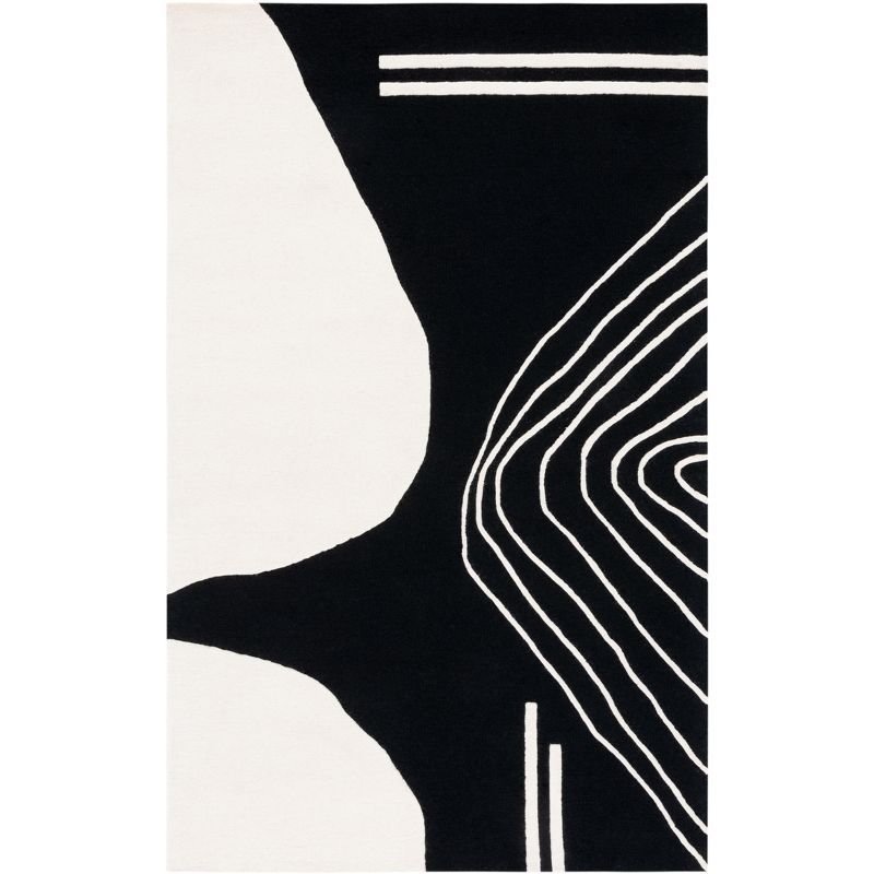 Ivory and Black Hand-Tufted Wool Abstract Area Rug