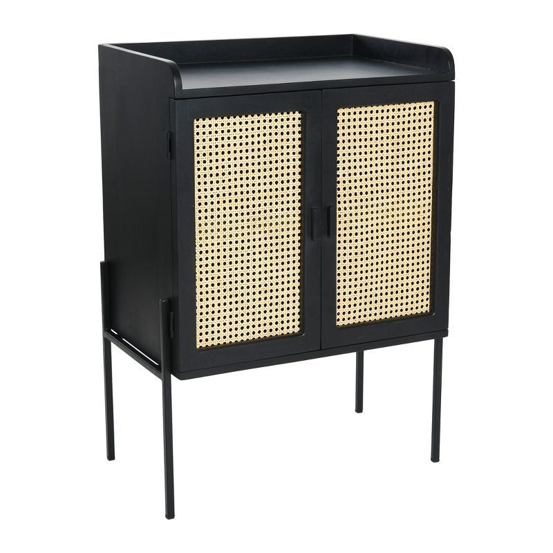 Black and Natural Solid Wood Bar Cabinet with Woven Cane Doors