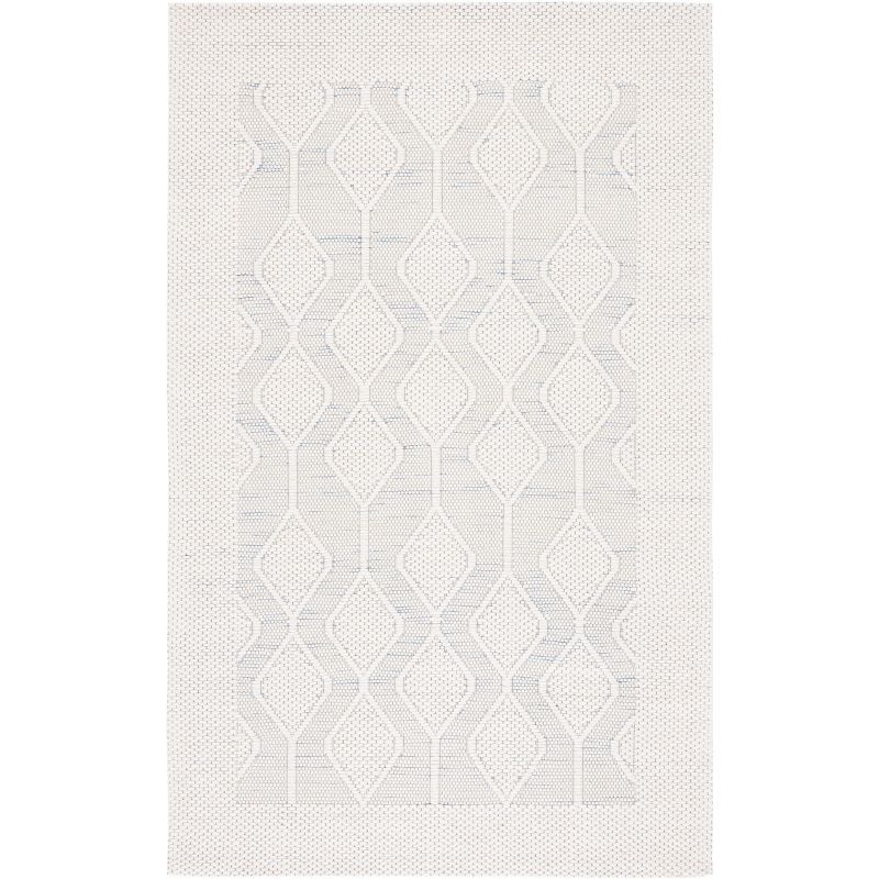 Ivory and Light Blue Geometric Wool Area Rug, 5' x 8'