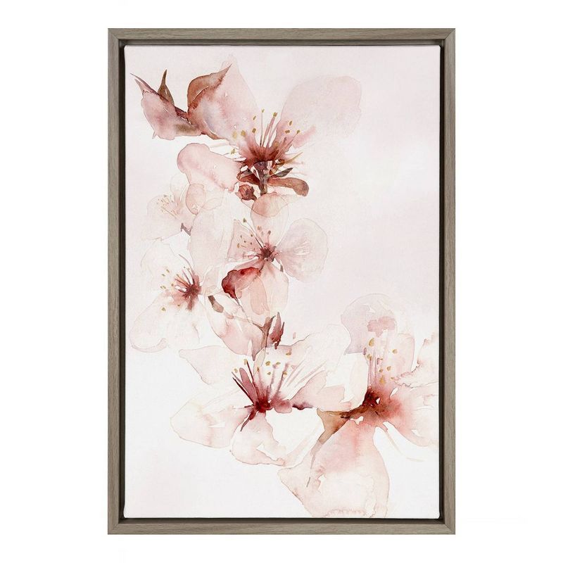 27" x 19" Mauve and Cream Framed Canvas Floral Print