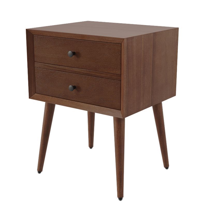 Brown Acacia Wood Mid-Century Modern Nightstand with 2 Drawers