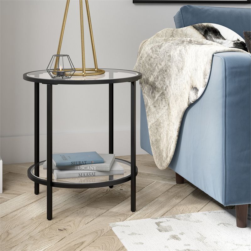 Blackened Bronze Round Side Table with Glass Shelf