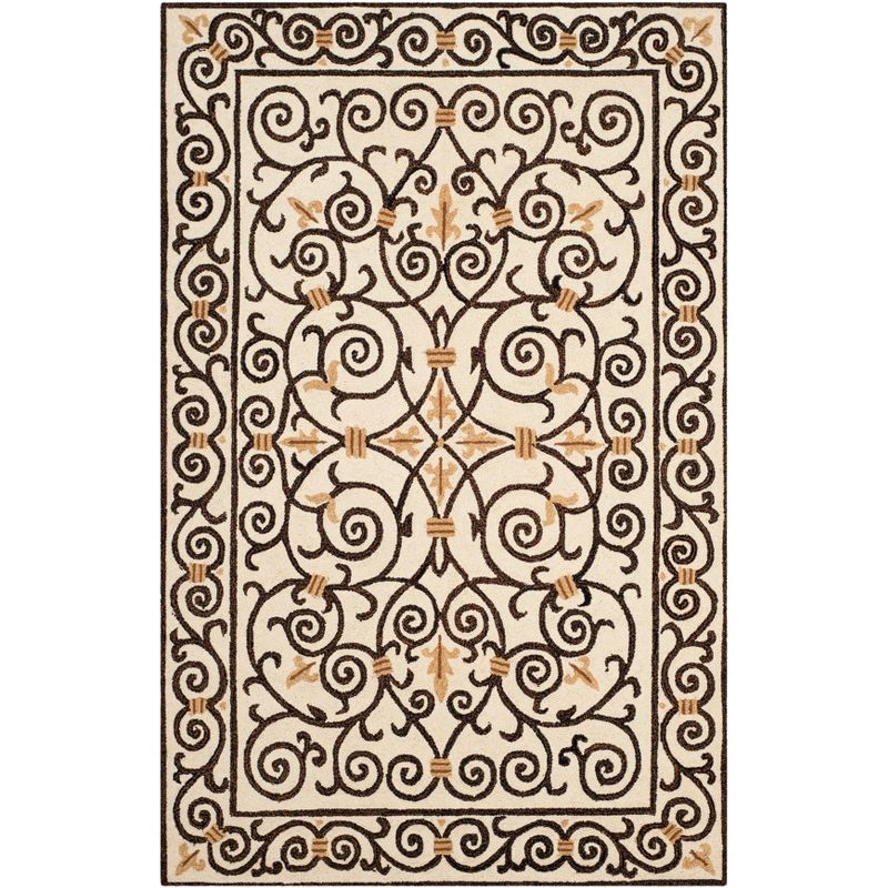 Ivory and Dark Brown Hand-Hooked Wool Area Rug