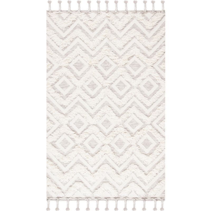 Ivory Geometric Hand-Knotted Wool Area Rug with Tassels