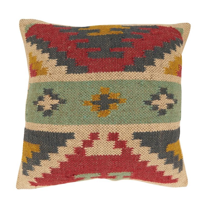 Multicolor Kilim Design Square Wool and Jute Throw Pillow