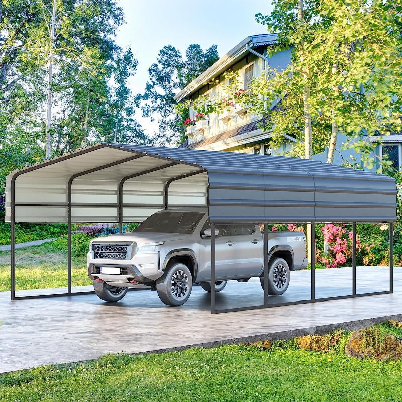 Gray 12' x 20' Galvanized Steel Roof Carport Shelter