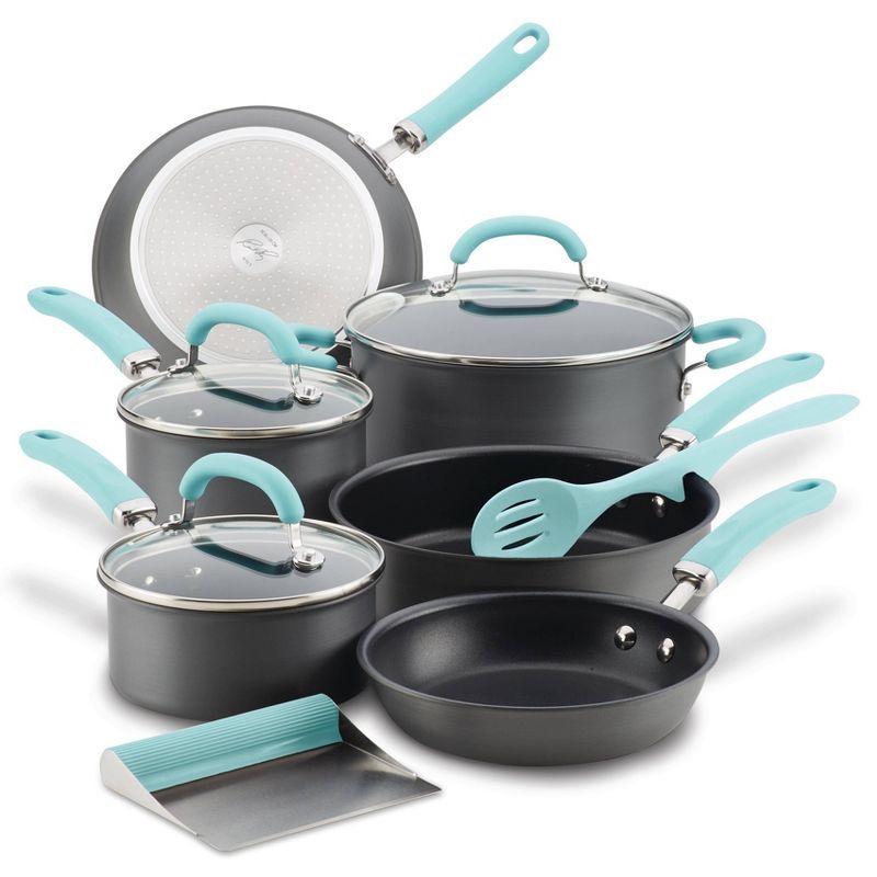 Light Blue and Gray Nonstick Aluminum Cookware Set with Stainless Steel Handles
