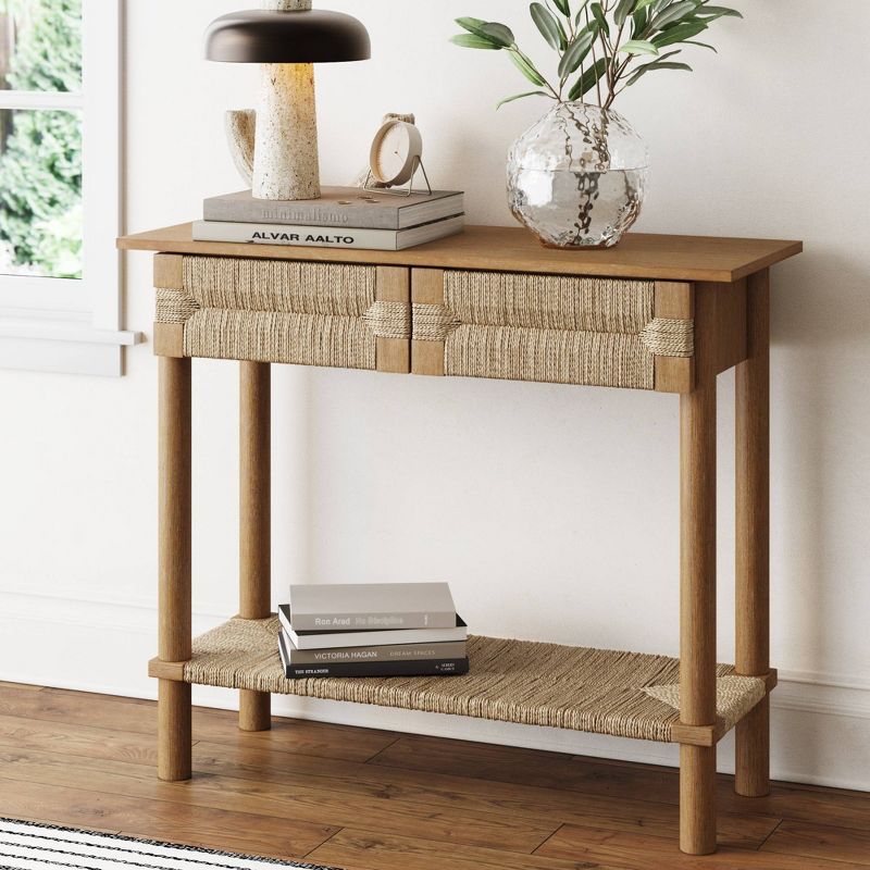 Beacon Light Brown Wood Console Table with Seagrass Storage