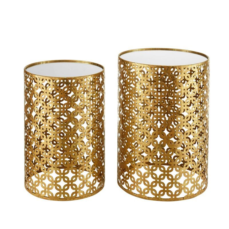 Set of 2 Gold Round Metal Mirrored Nested Tables