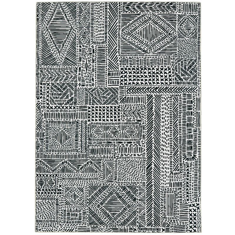 Ivory Geometric Easy-Care Washable 5' x 7' Synthetic Rug