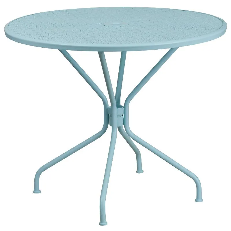 Sky Blue Rain Flower 37" Round Steel Patio Table with Umbrella Hole