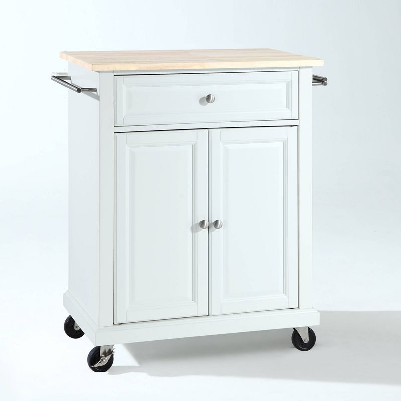 White Wood Kitchen Cart with Natural Top and Storage