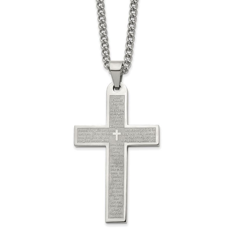 Large Stainless Steel Lord's Prayer Cross Necklace, 24 Inch