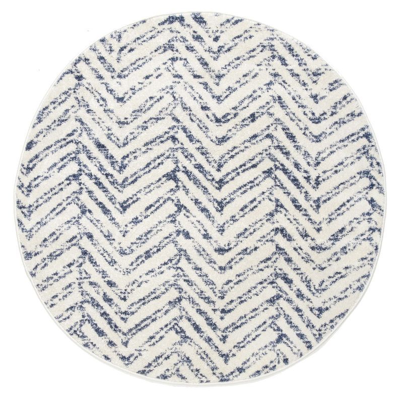 Reversible Geometric Blue Round Easy-Care Synthetic Rug