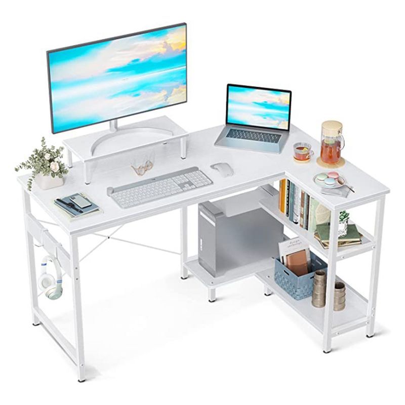 White Corner Computer Desk with Headphone Hook and Shelves