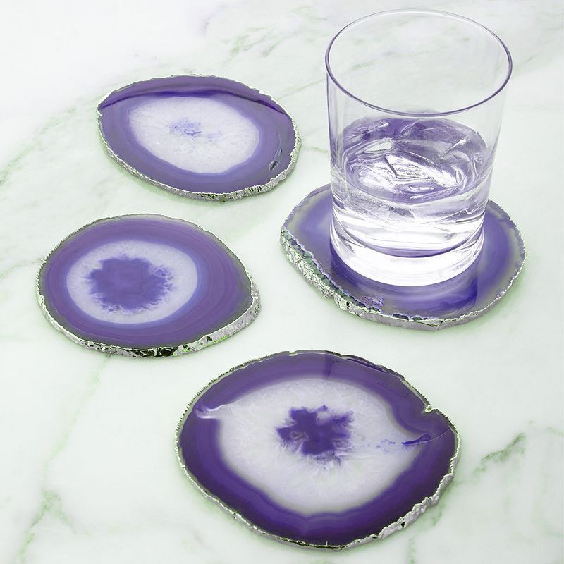 Set of 4 Purple Agate Stone Coasters with Silver Edges