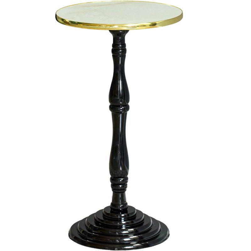 Espresso Wooden Round Pedestal Side Table with Glossy Marble Top