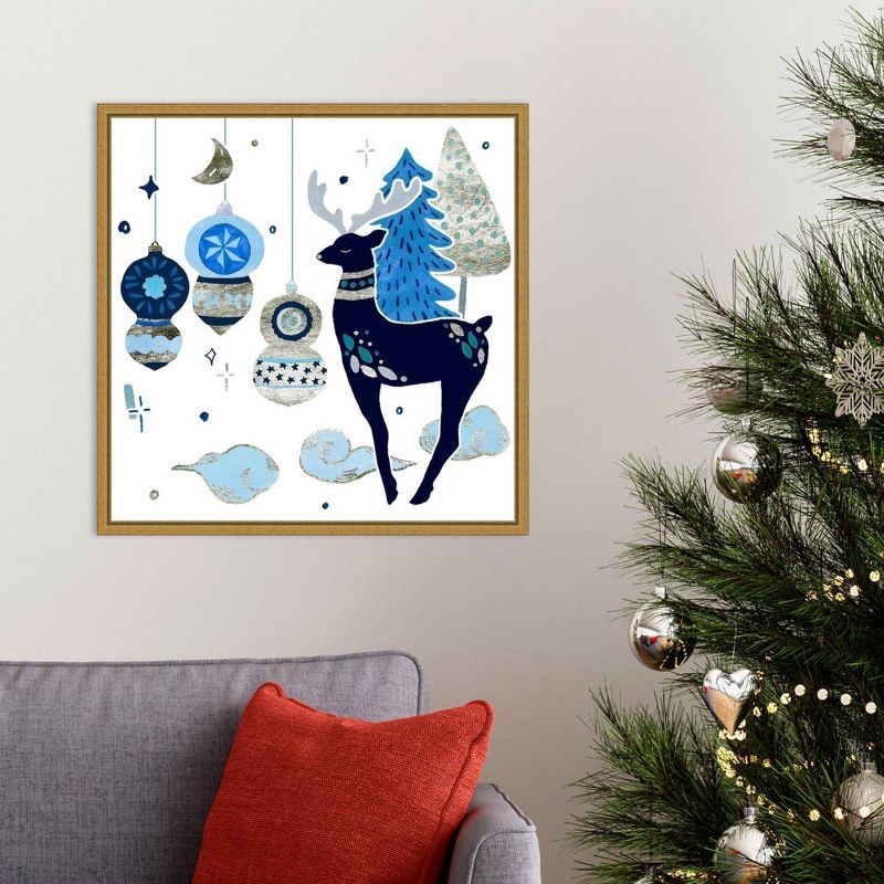 Whimsical Blue Reindeer Holiday Framed Canvas Wall Art