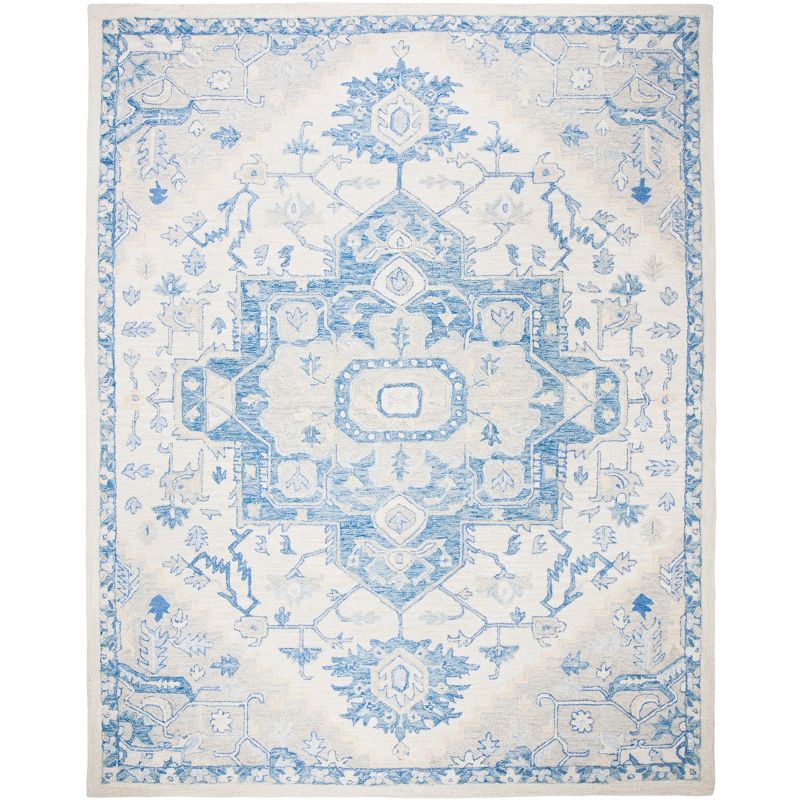Handmade Ivory and Blue Wool Square Area Rug, 8' x 10'