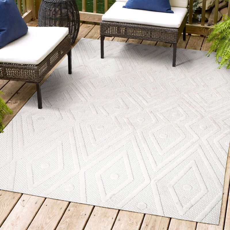 Ivory Geometric Flat Woven Synthetic Rectangular Rug