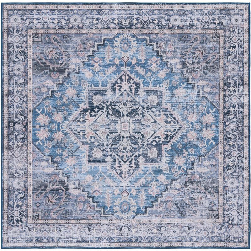 Handmade Blue Square Washable Synthetic Area Rug