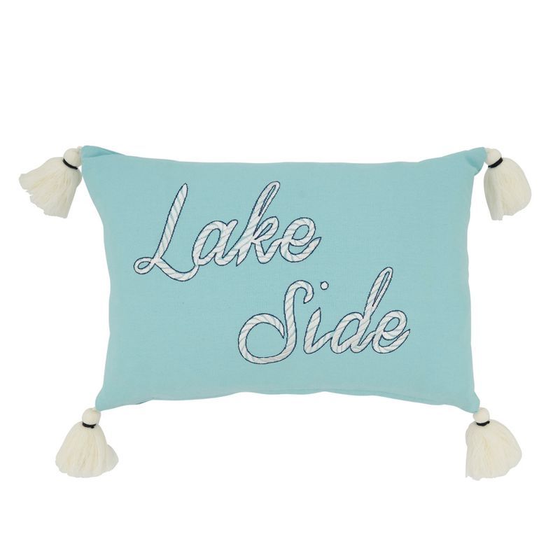 Lake Side Serenity Blue Cotton Throw Pillow Cover with Tassels, 12"x18"