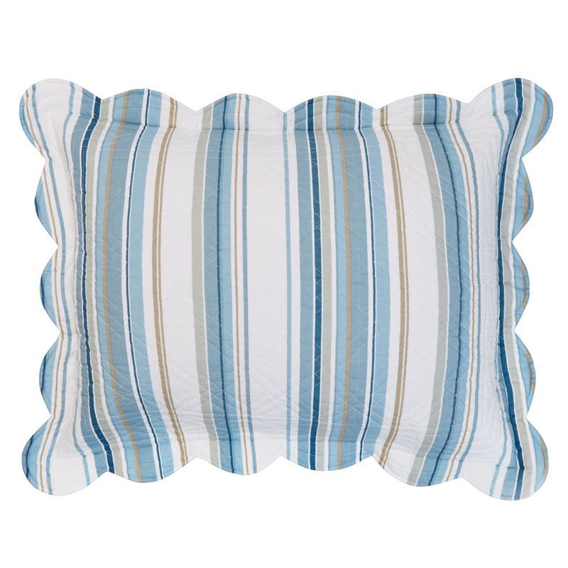 Blue Stripe Cotton Standard Sham with Scalloped Edging