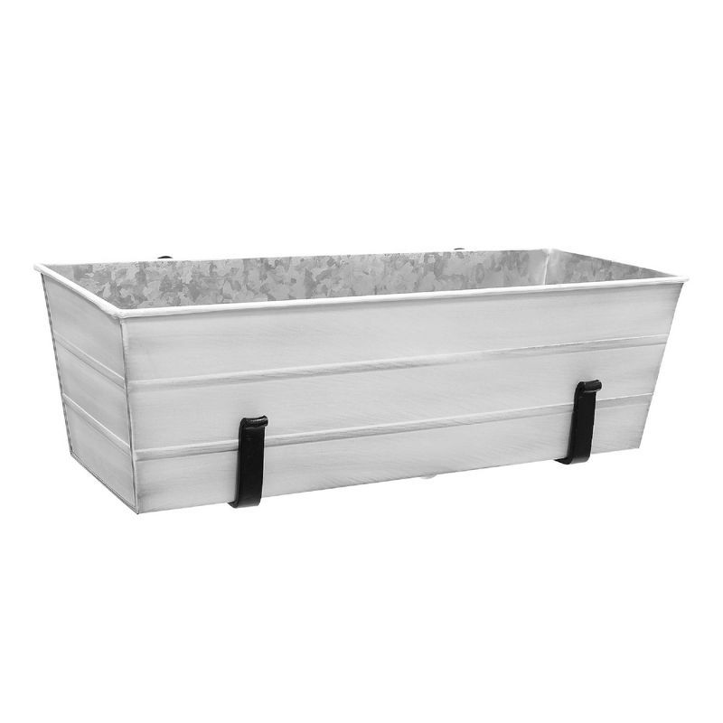 Medium White Galvanized Steel Flower Box with Black Brackets