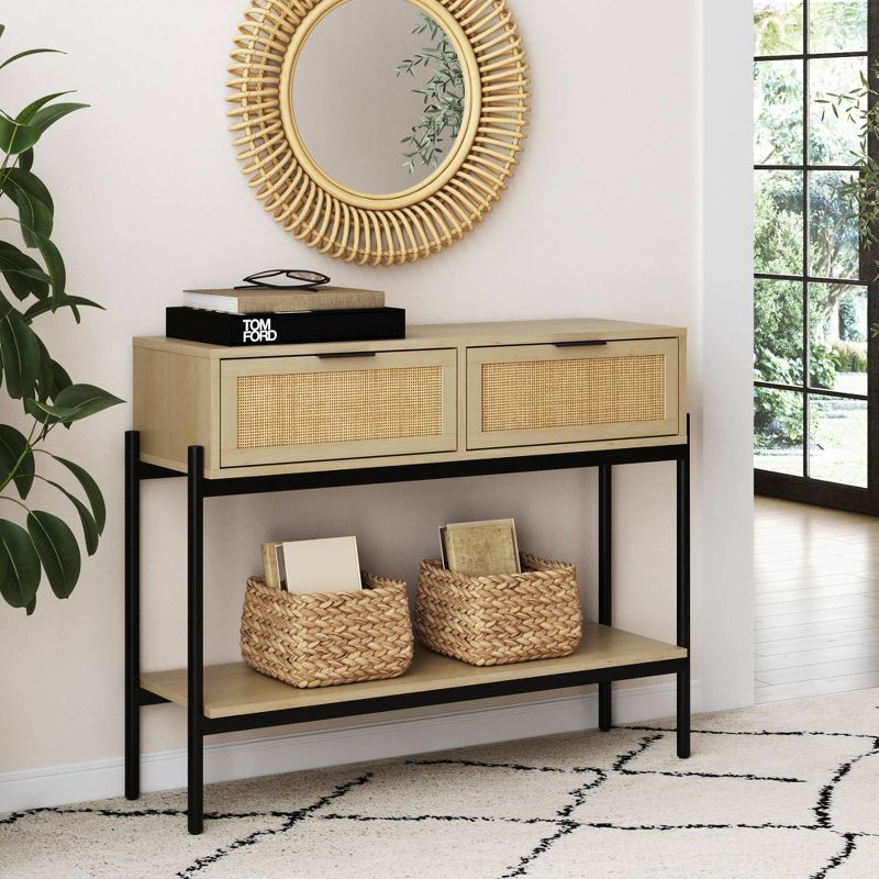 Light Oak and Black Rattan Console Table with Storage