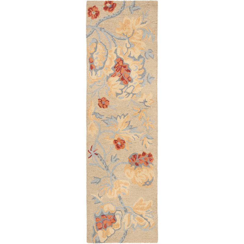 Handmade Beige and Blue Floral Wool Runner Rug