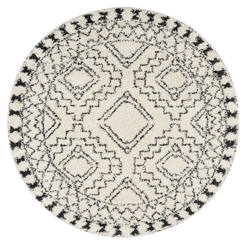 Off-White Round Moroccan Shag Area Rug with Tassels