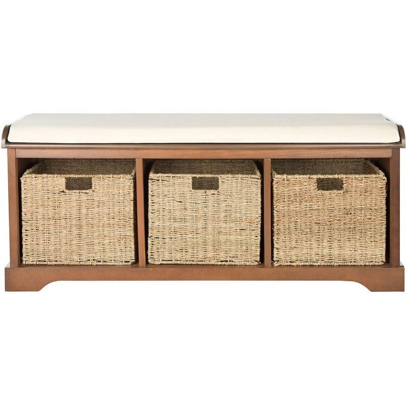 Transitional Pine and Wicker Storage Bench in Brown/White