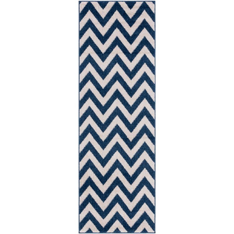 Navy and Beige Chevron Synthetic Runner Rug