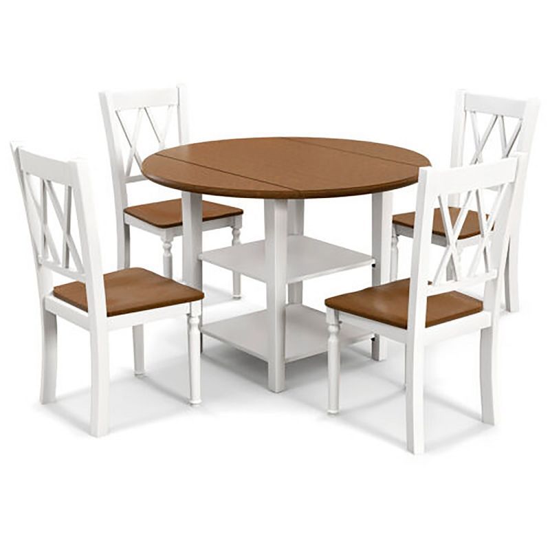 Walnut and White 5-Piece Round Dining Set with Drop Leaf Table