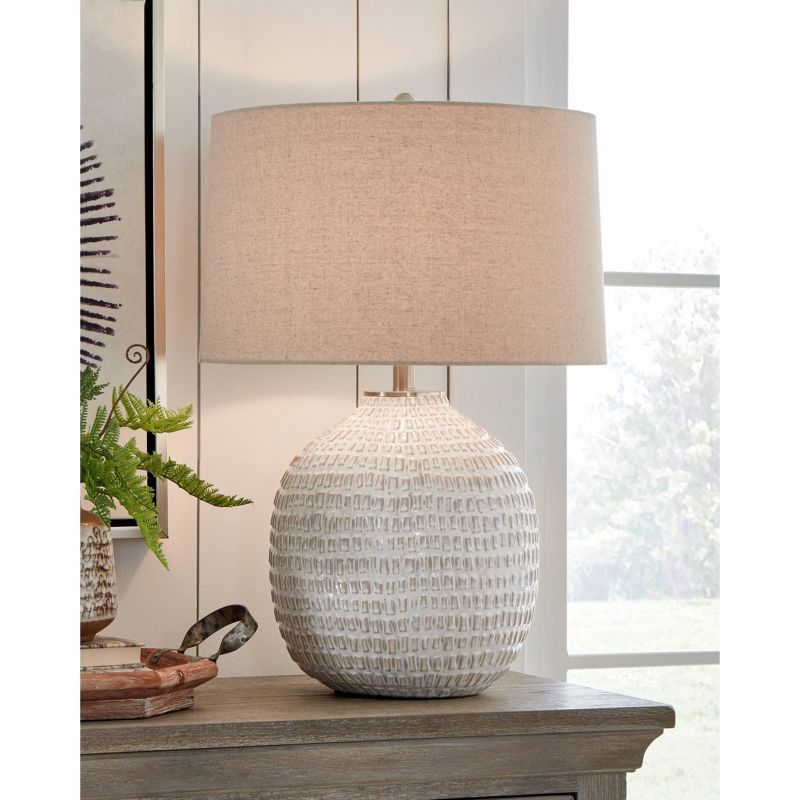 Beige Ceramic Table Lamp with Natural Shade and 3-Way Switch