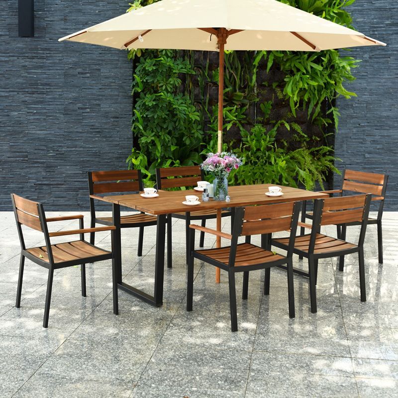 Costway 6-Person Acacia Wood Patio Dining Set with Umbrella Hole