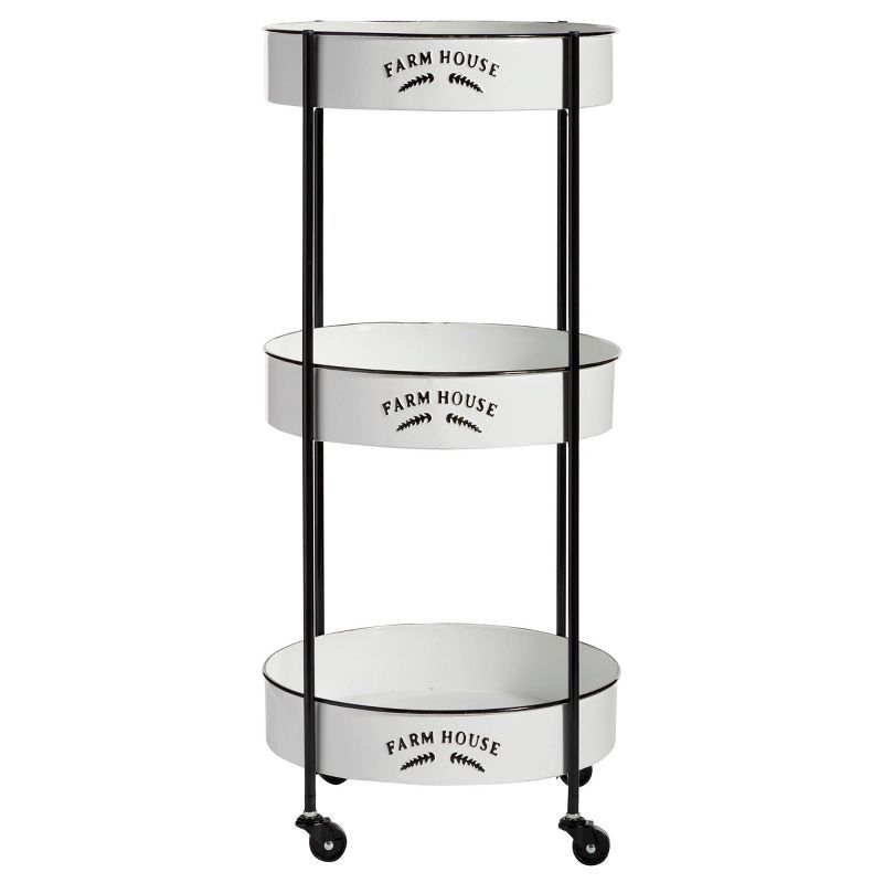 White and Black Metal 3-Tier Farmhouse Rolling Storage Cart