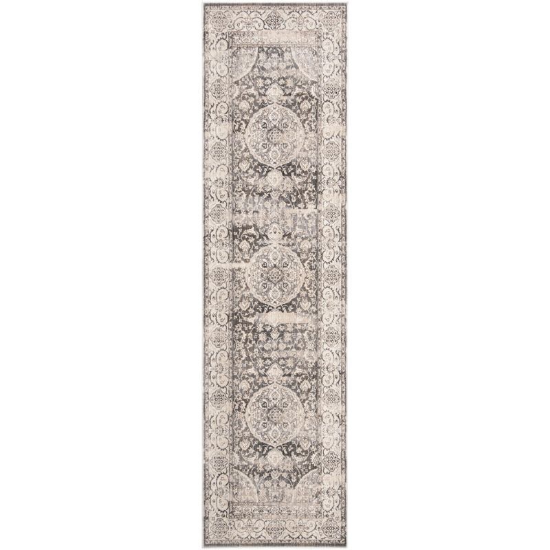 Gray Floral Motif Synthetic Low Pile Runner Rug