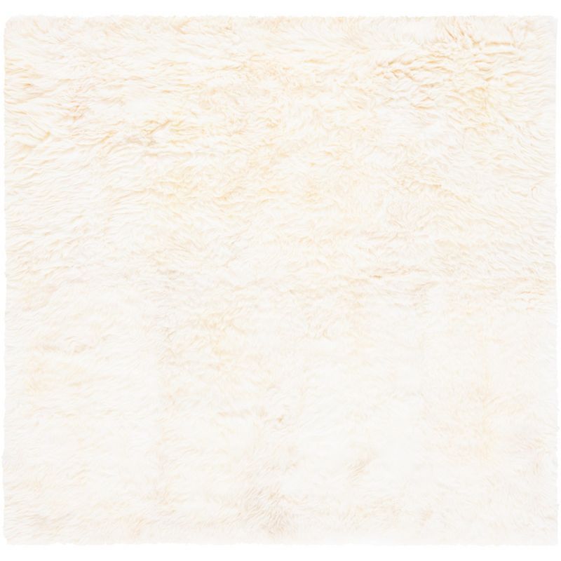 Luxurious Hand-Knotted Sheepskin White and Beige 6' Square Rug